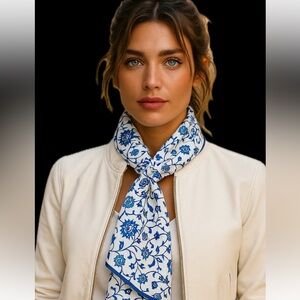 Silky Floral Scarf in Blue and White | Lightweight Satin Feel Shawl Wrap